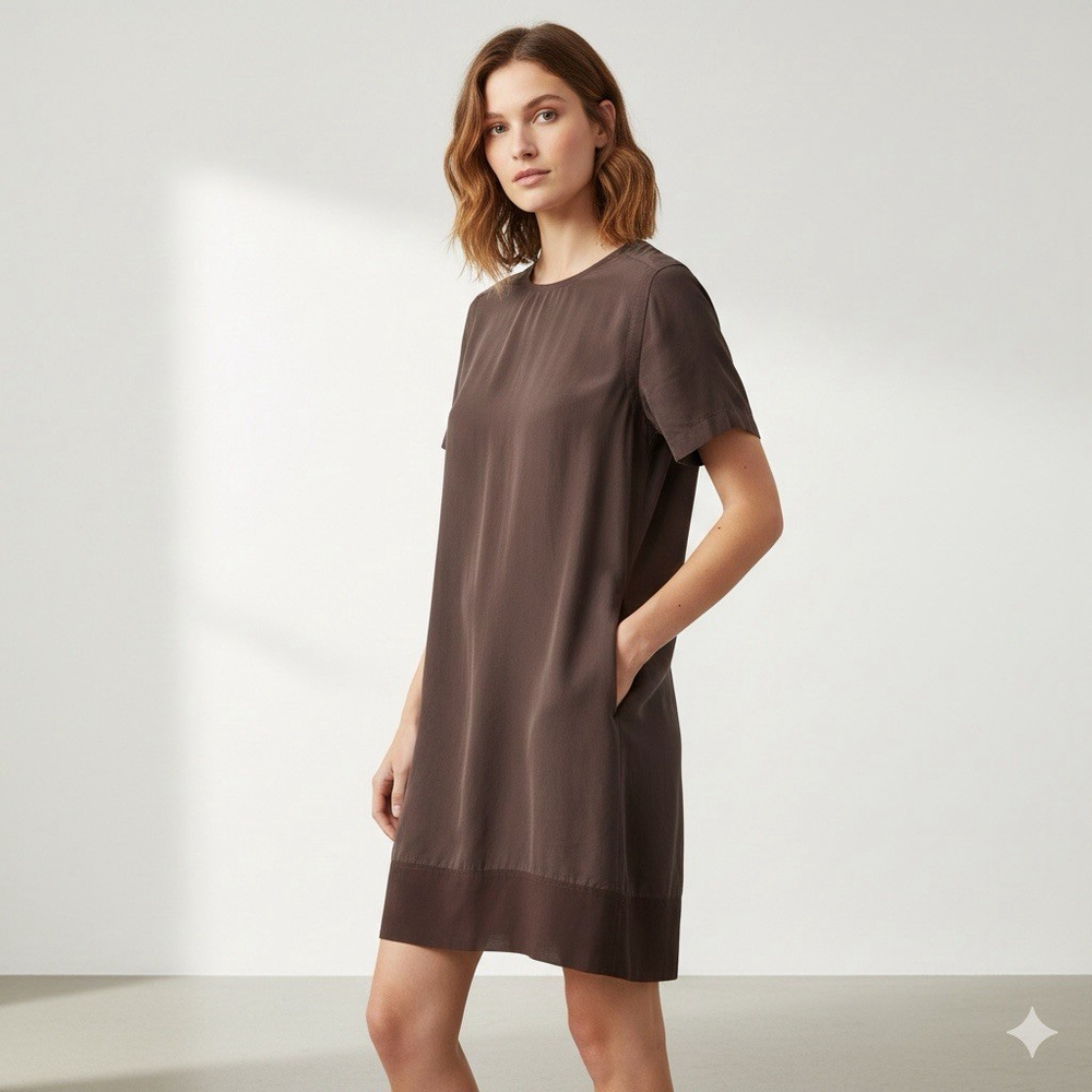 Alexander Wang Silk Shift Dress Brown Short Sleeve Mini Designer Minimalist Sz M - Picture 2 of 11